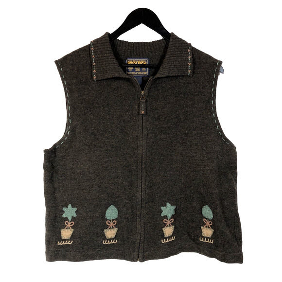 Woolrich Lambswool Wool Brown Topiary Tree Sweater Vest Zip Front XL Vintage - Picture 1 of 10
